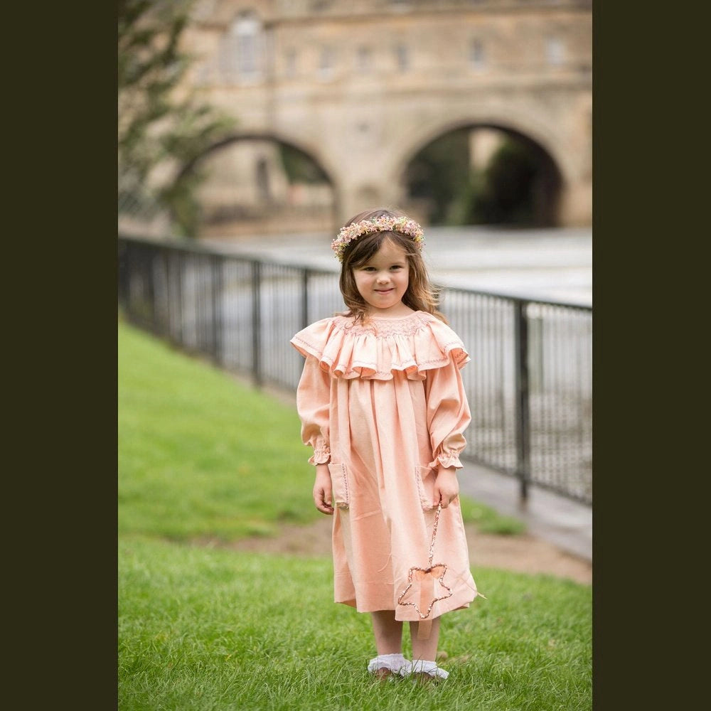 Smocked Linen Dress with Front Pockets for Girls - TilianKids