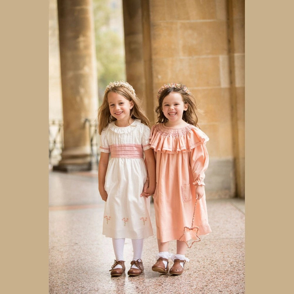 Smocked Linen Dress with Front Pockets for Girls - TilianKids