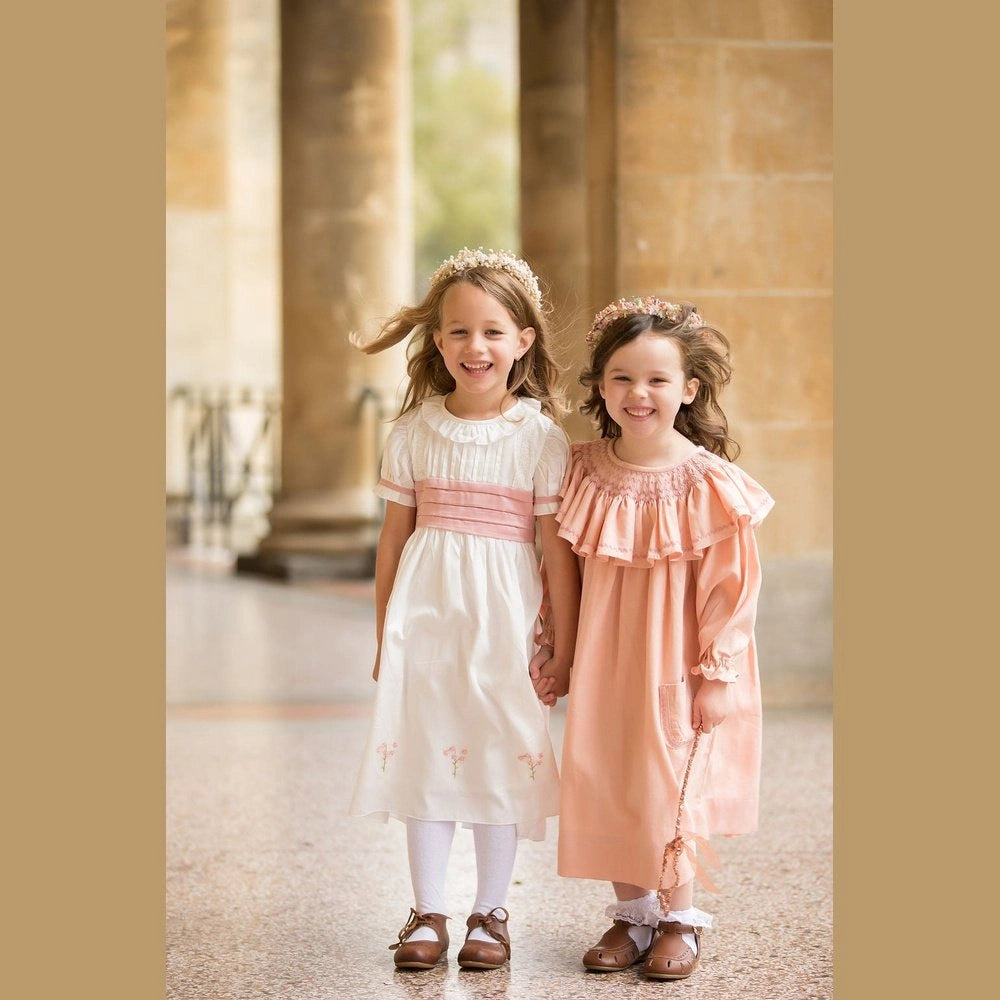 Smocked Linen Dress with Front Pockets for Girls - TilianKids