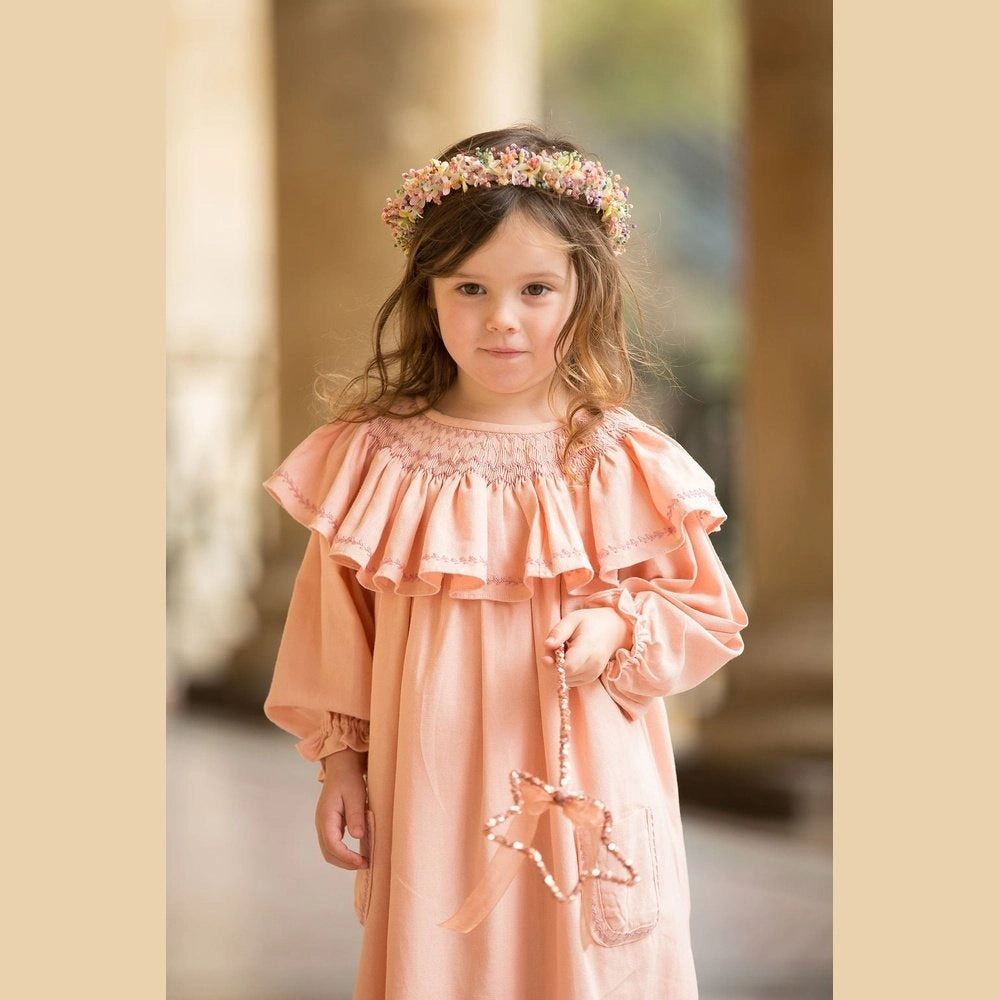 Smocked Linen Dress with Front Pockets for Girls - TilianKids