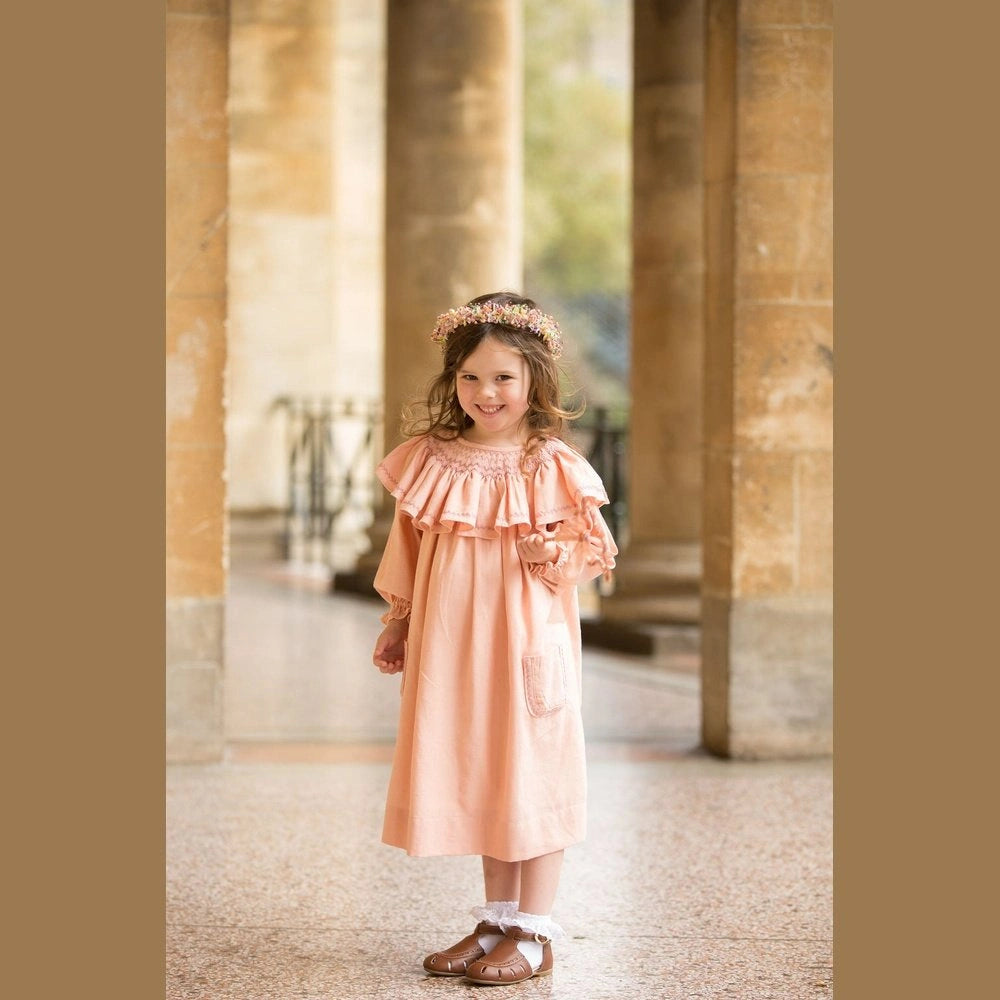Smocked Linen Dress with Front Pockets for Girls - TilianKids