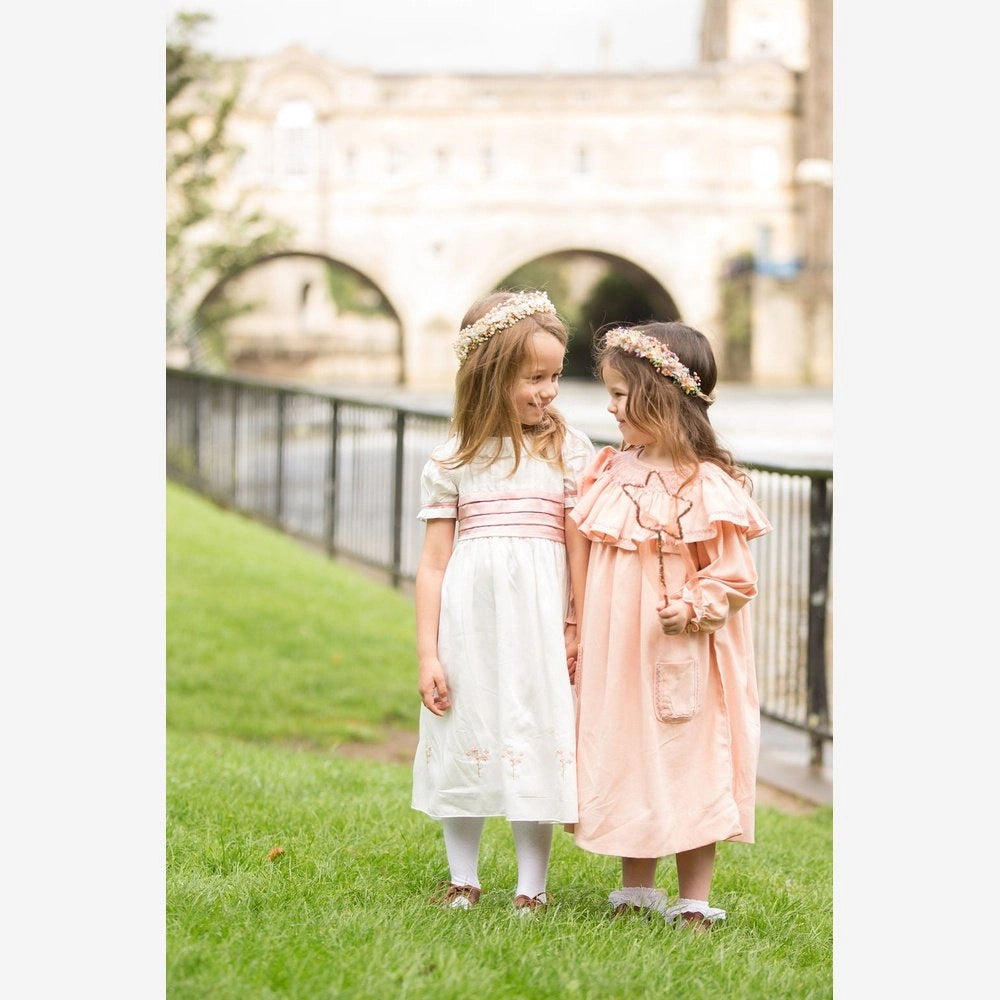 Smocked Linen Dress with Front Pockets for Girls - TilianKids