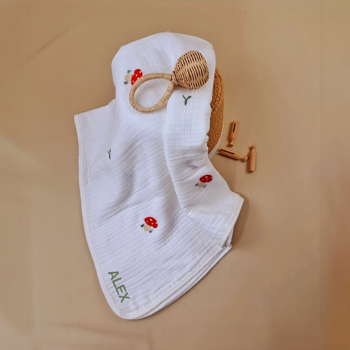 Customizable Name Product Mushroom Design Muslin Blanket