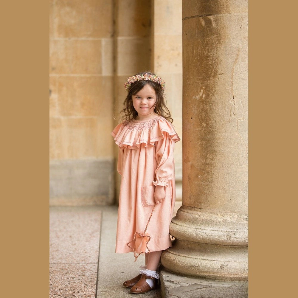 Smocked Linen Dress with Front Pockets for Girls - TilianKids