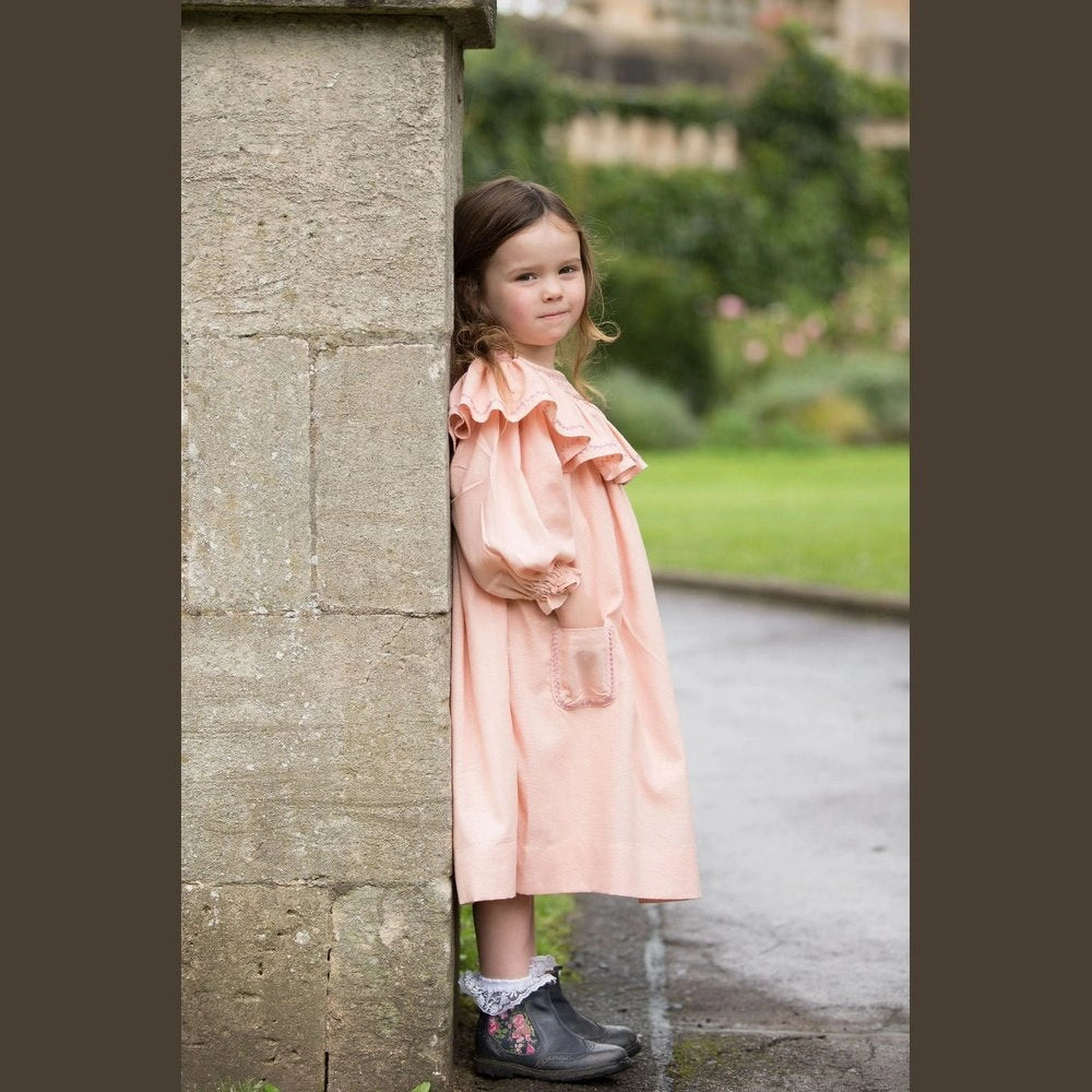 Smocked Linen Dress with Front Pockets for Girls - TilianKids