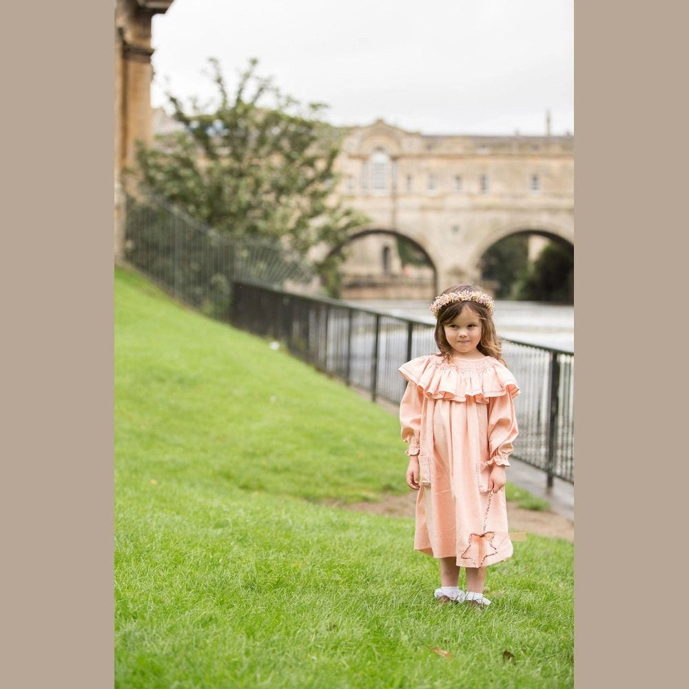 Smocked Linen Dress with Front Pockets for Girls - TilianKids