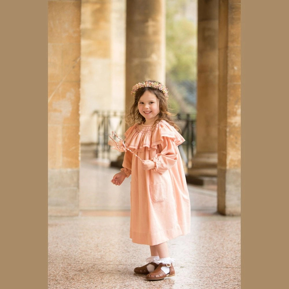 Smocked Linen Dress with Front Pockets for Girls - TilianKids