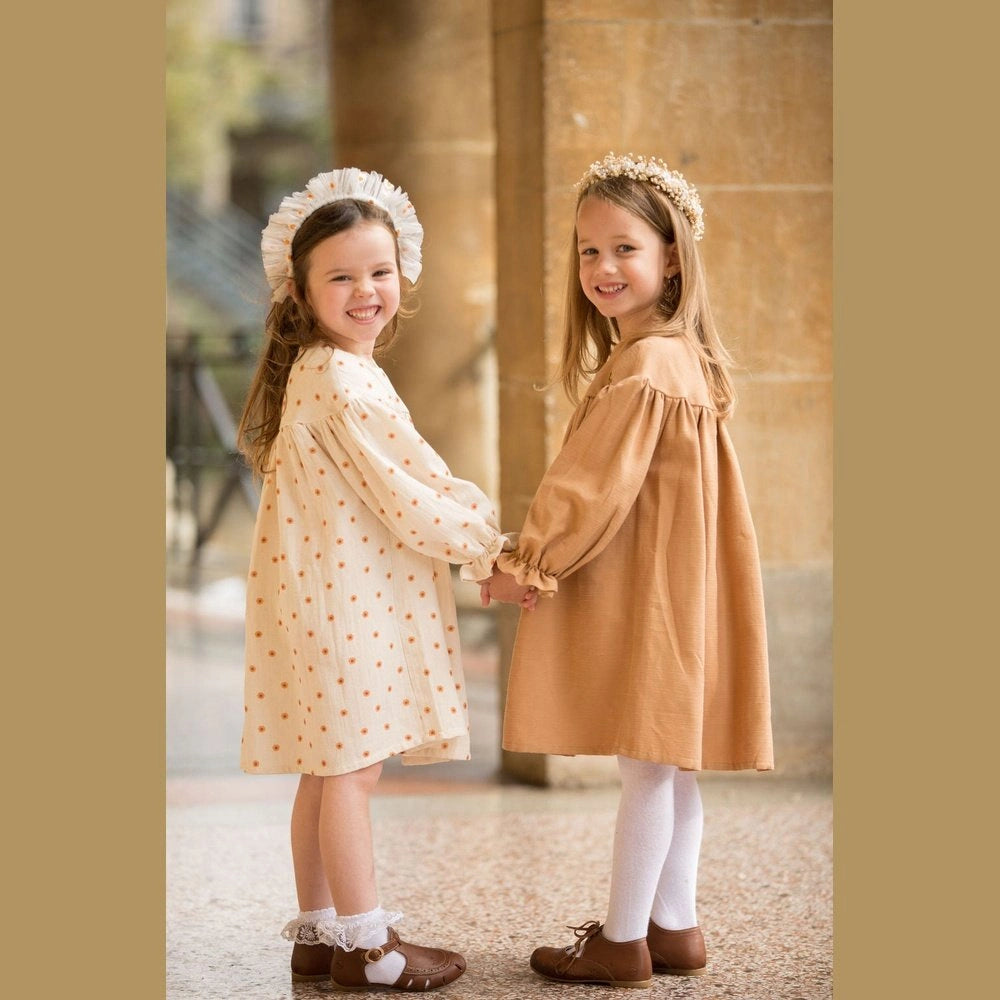 Linen Mushroom Design Brown Dress - TilianKids