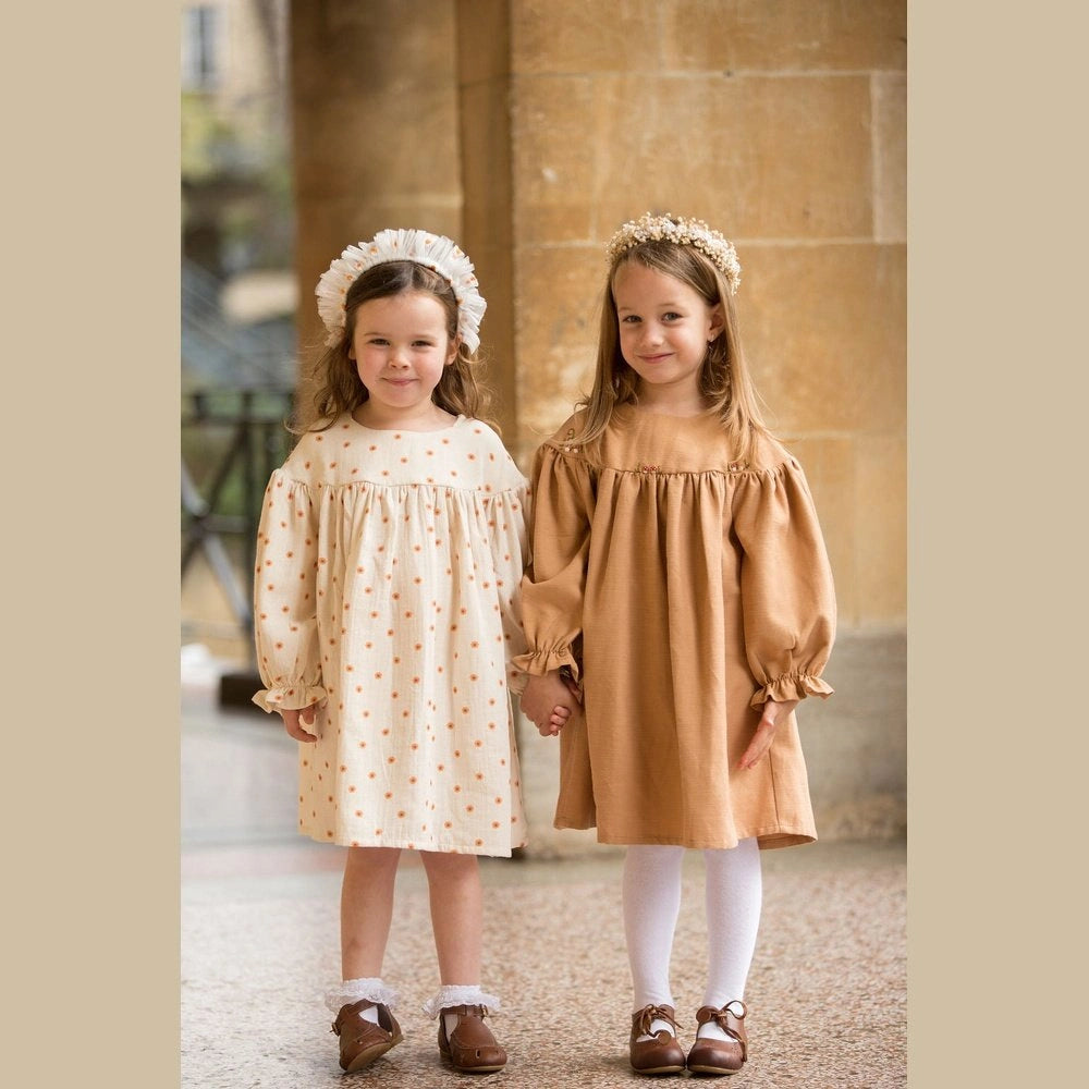 Linen Mushroom Design Brown Dress - TilianKids