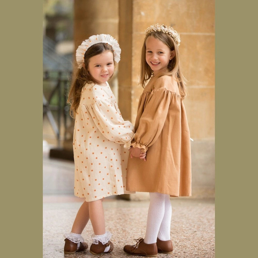 Linen Mushroom Design Brown Dress - TilianKids