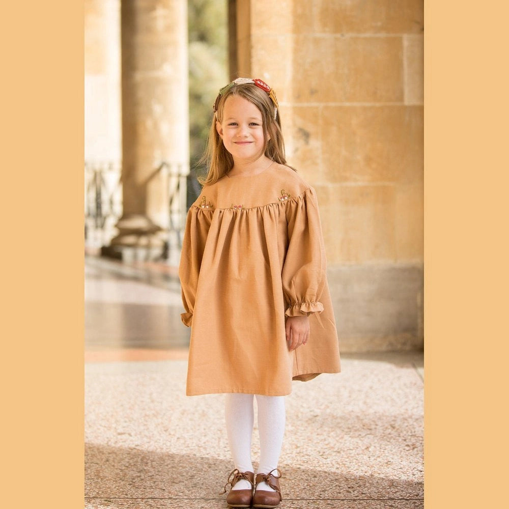 Linen Mushroom Design Brown Dress - TilianKids