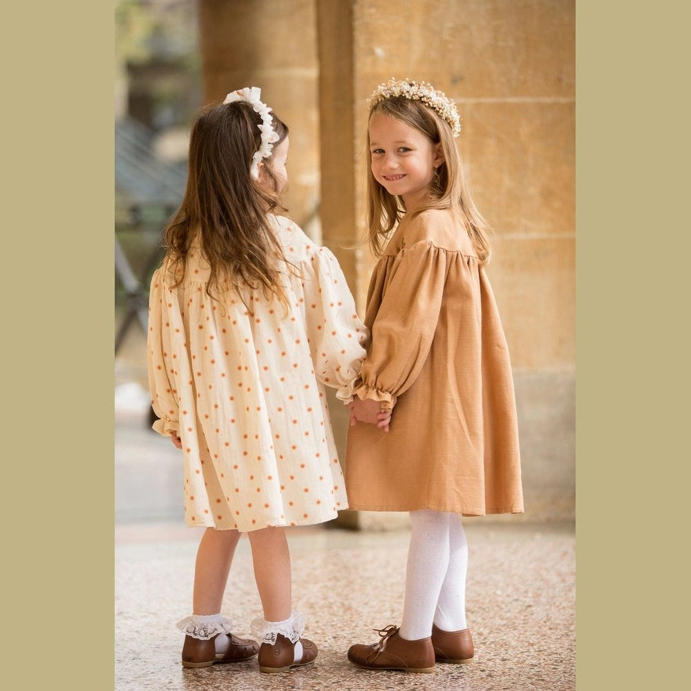 Linen Mushroom Design Brown Dress - TilianKids