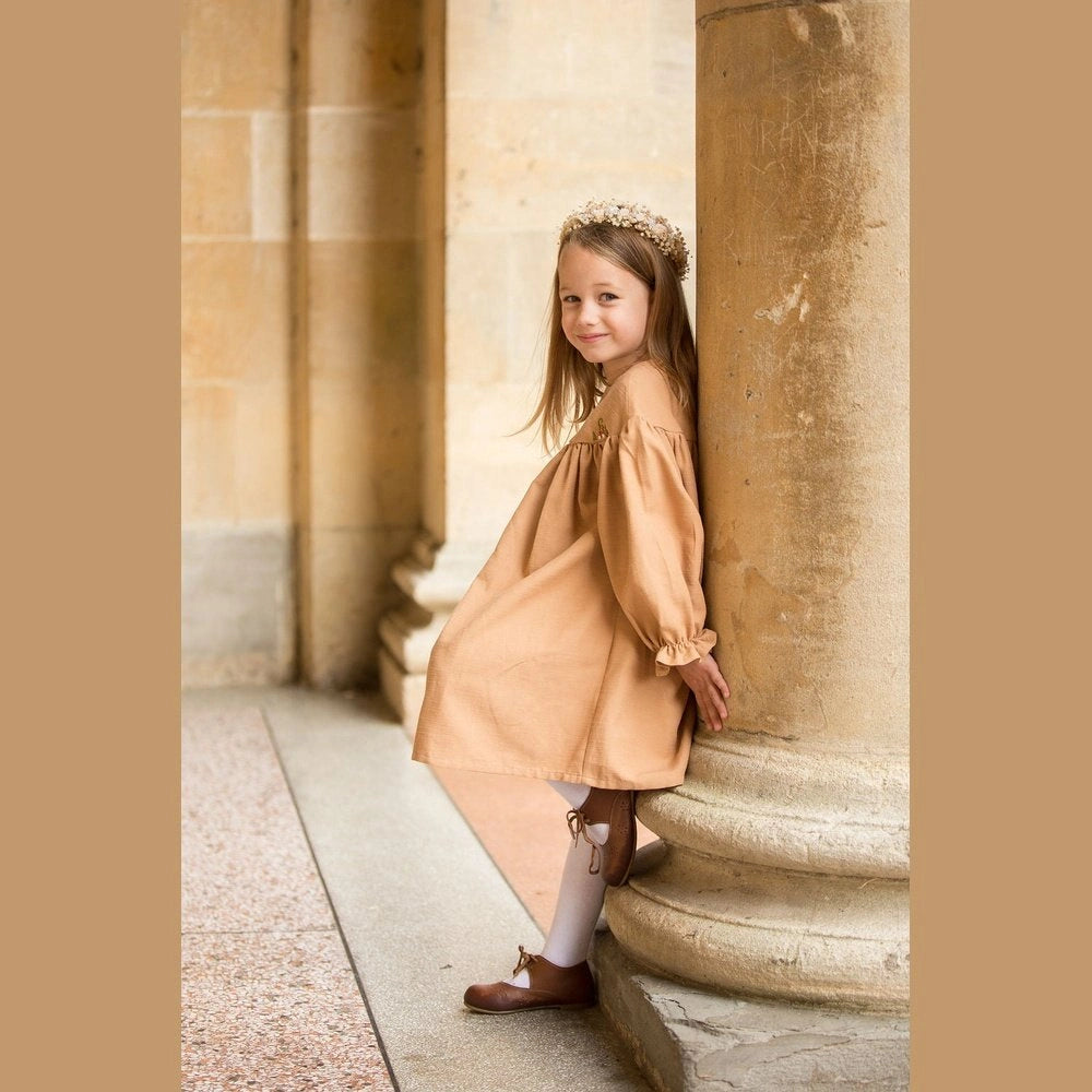 Linen Mushroom Design Brown Dress - TilianKids