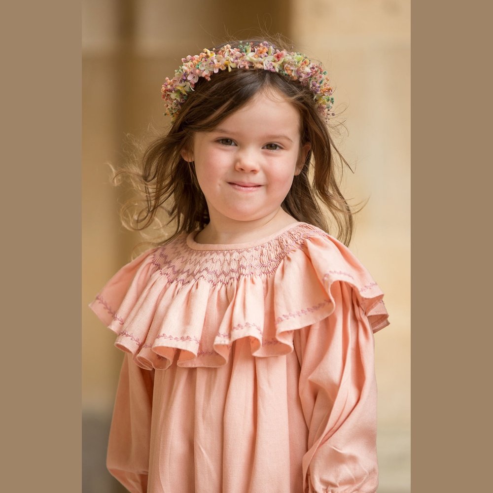 Smocked Linen Dress with Front Pockets for Girls - TilianKids
